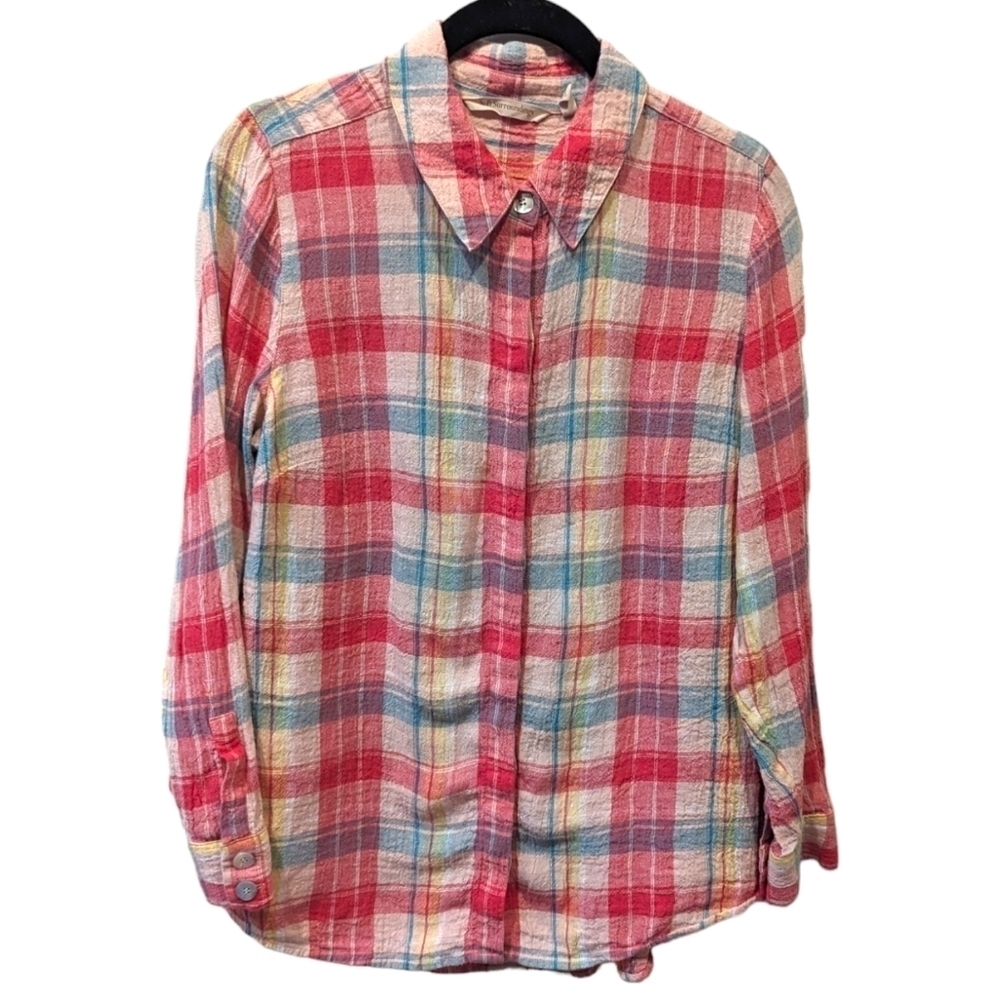 Soft Surroundings Plaid Crinkle Linen Button Up Convertible Sleeve Shirt (PSX)
